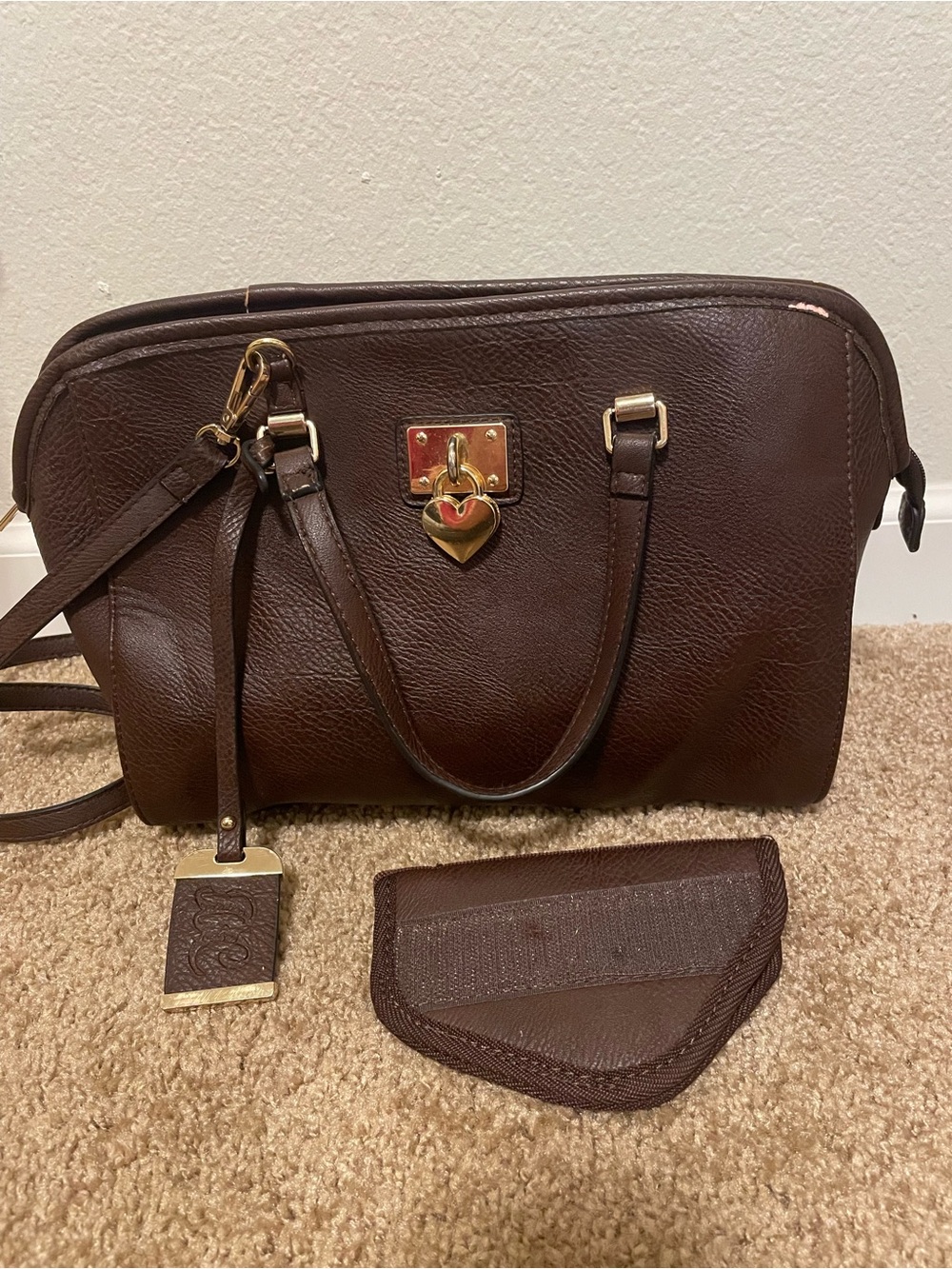 Conceal carry Brown Leather Satchel Handbag with Gold Heart Lock